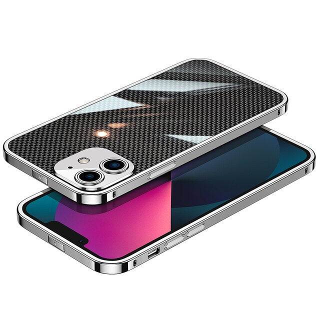 Apple 13 Plating Stainless Steel Metal Case iPhone 12 11 Pro Max Luxury Carbon Fiber Back Phone Cover