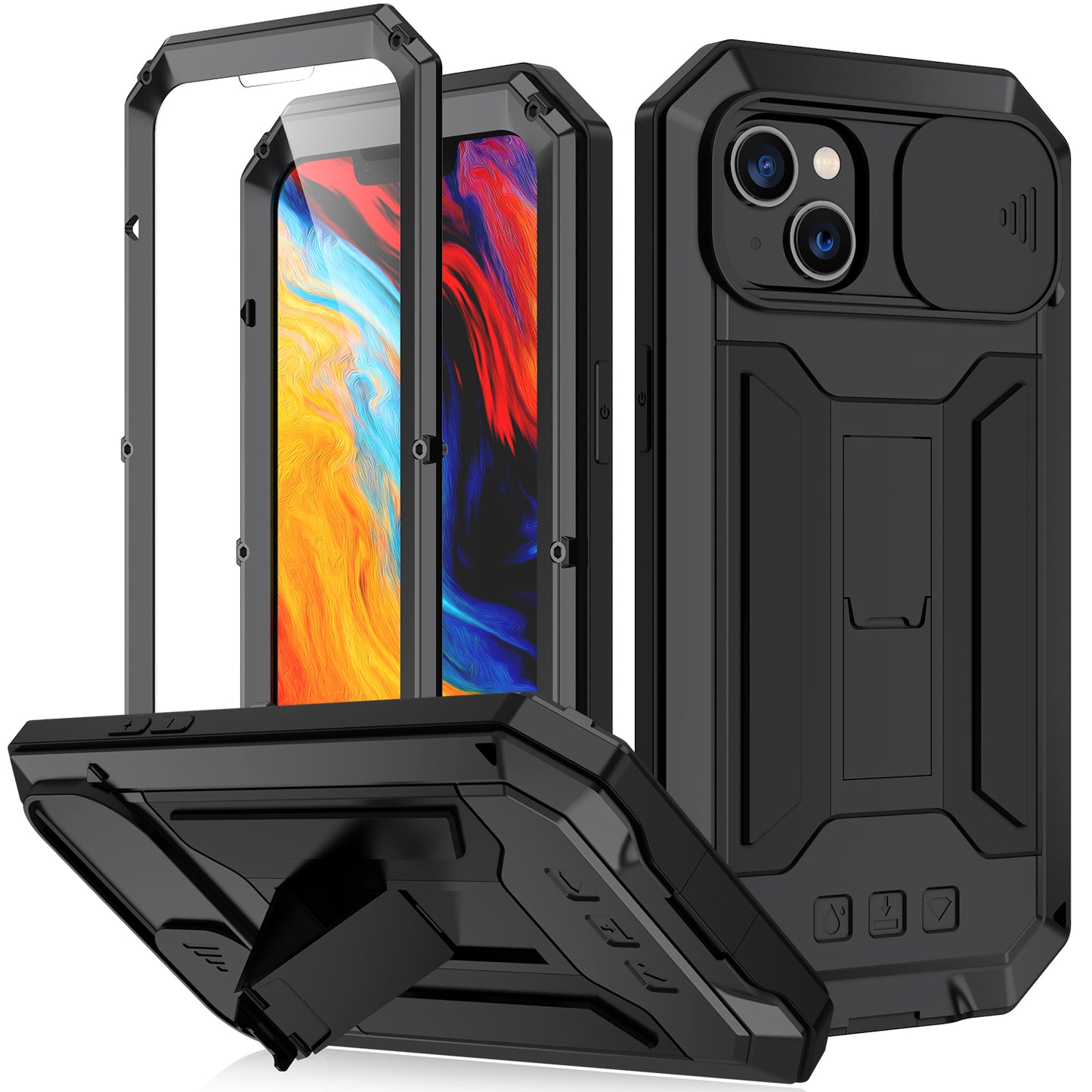 Luxury iPhone 14 Pro Max Heavy Duty Case Camera Protection Military Cover Apple 14 Plus Rugged Armor Shockproof 360 Kickstand