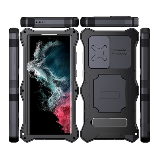 Luxury Samsung S22 Ultra Military Case Impact Resistant Bumper Galaxy S22 Plus Metal Silicone Slide Camera Lens Pretection Cover Phone Kickstand