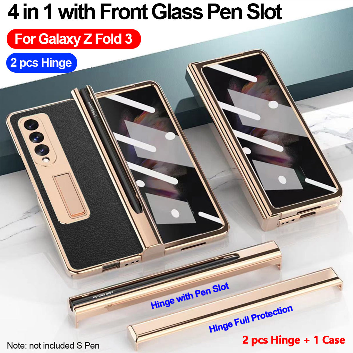 Luxury Samsung Galaxy Z Fold 3 Case Front Screen Glass Litchi Leather Cover Stand Holder 2 PCS Hinge
