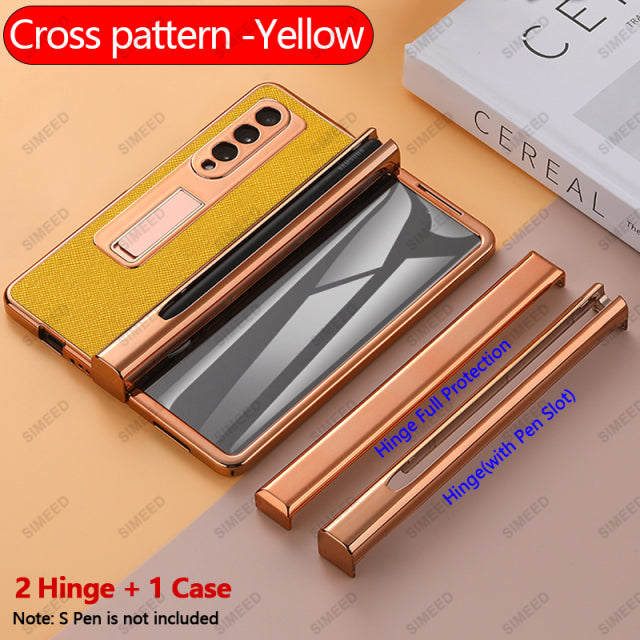 Luxury Samsung Galaxy Z Fold 3 Case Front Screen Glass Litchi Leather Cover Stand Holder 2 PCS Hinge
